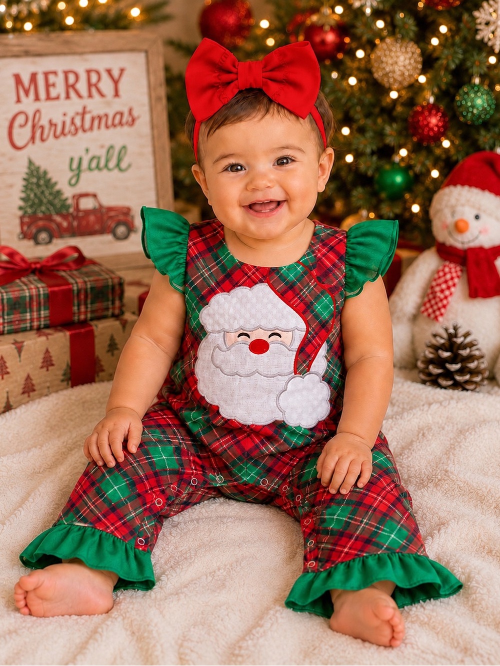 BRAND NEW WITH TAGS Santa Plaid Ruffle Santa Applique Jumper